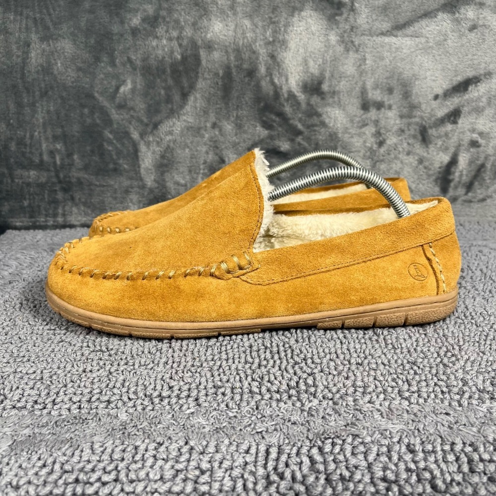 Lands End Mens Suede Moc Slippers Tan Brown Faux Fur Fleece Lined Size 11